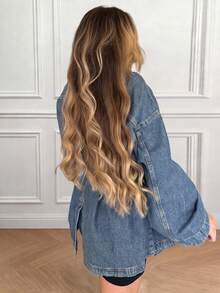 Blaues Denim-Jacke mit geraffter Taille, mittlerer Waschung, Mehrfach-Taschen, Retro-Hongkong-Stil, locker, mittellang, vielseitig, lässig - Mittele Waschung - Übersicht 4