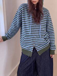 Women's Winter Casual Minimalist Vintage Striped Hooded Cardigan Jacket - Blue - View 1