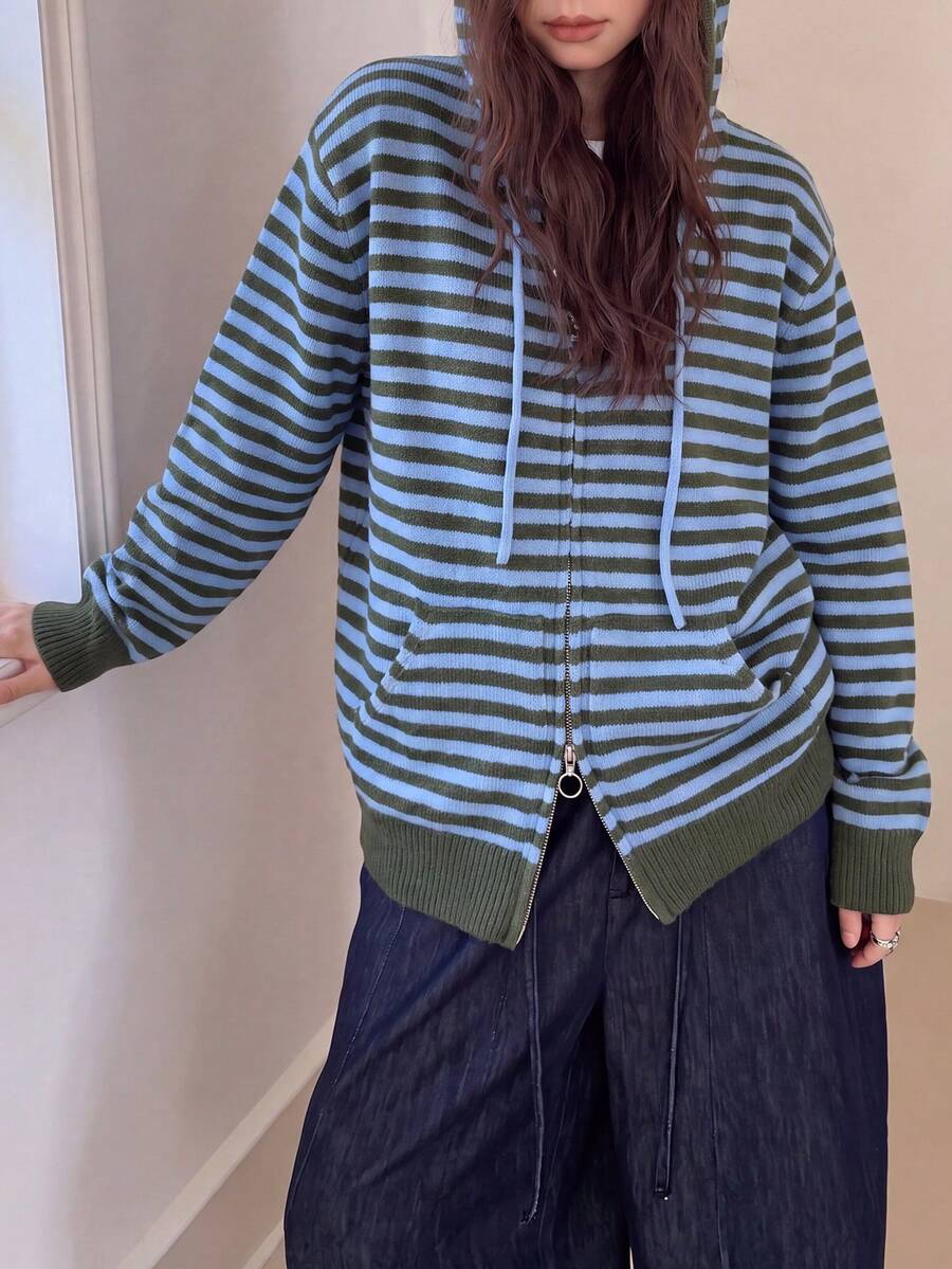 Women's Winter Casual Minimalist Vintage Striped Hooded Cardigan Jacket - Blue - View 1