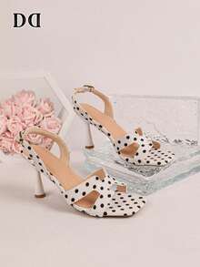 White Polka Dot Stiletto Sandals For Women, Square Toe Cutout Cross Strap Slingback Heeled Sandals - White - View 5