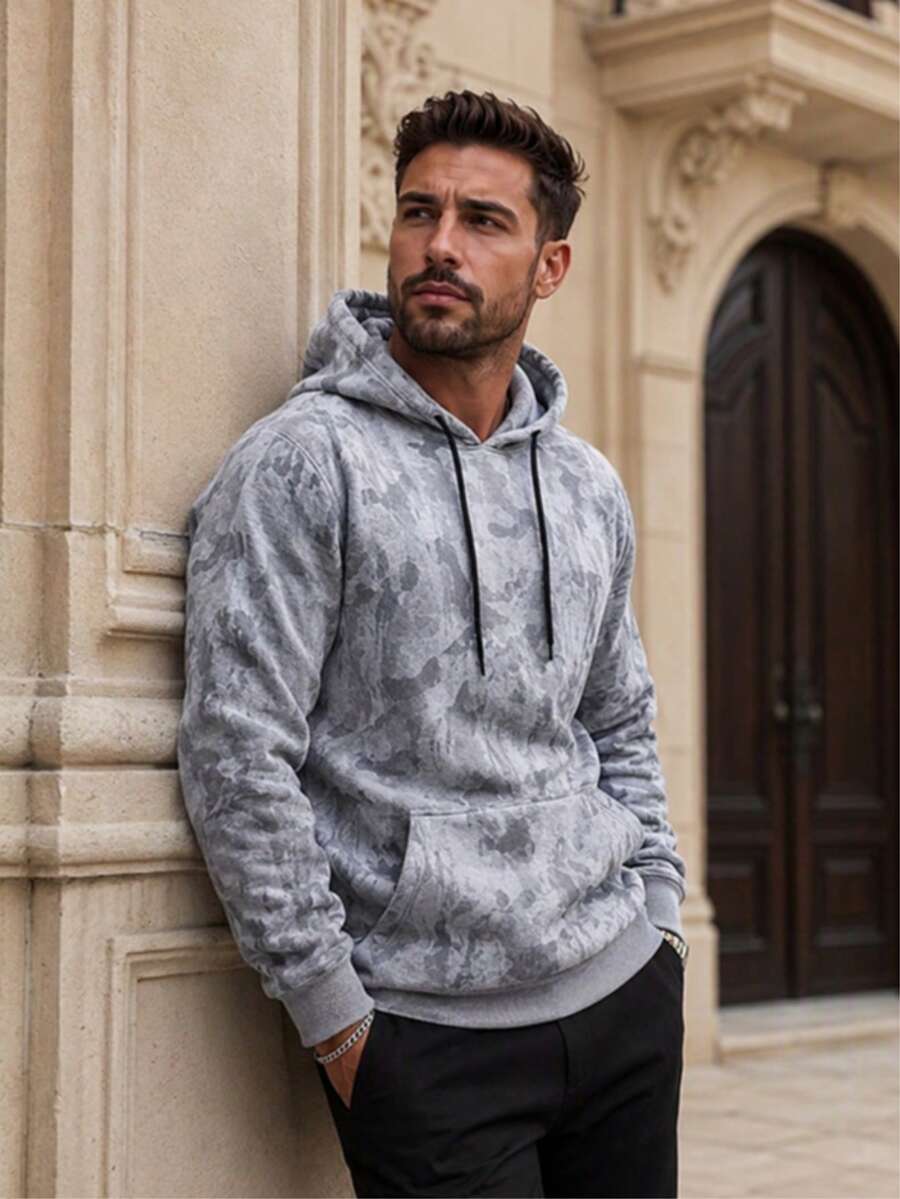 Men's Casual Minimalist Versatile Camouflage Thermal Lined Hoodie, Spring/Autumn - Grey - View 1