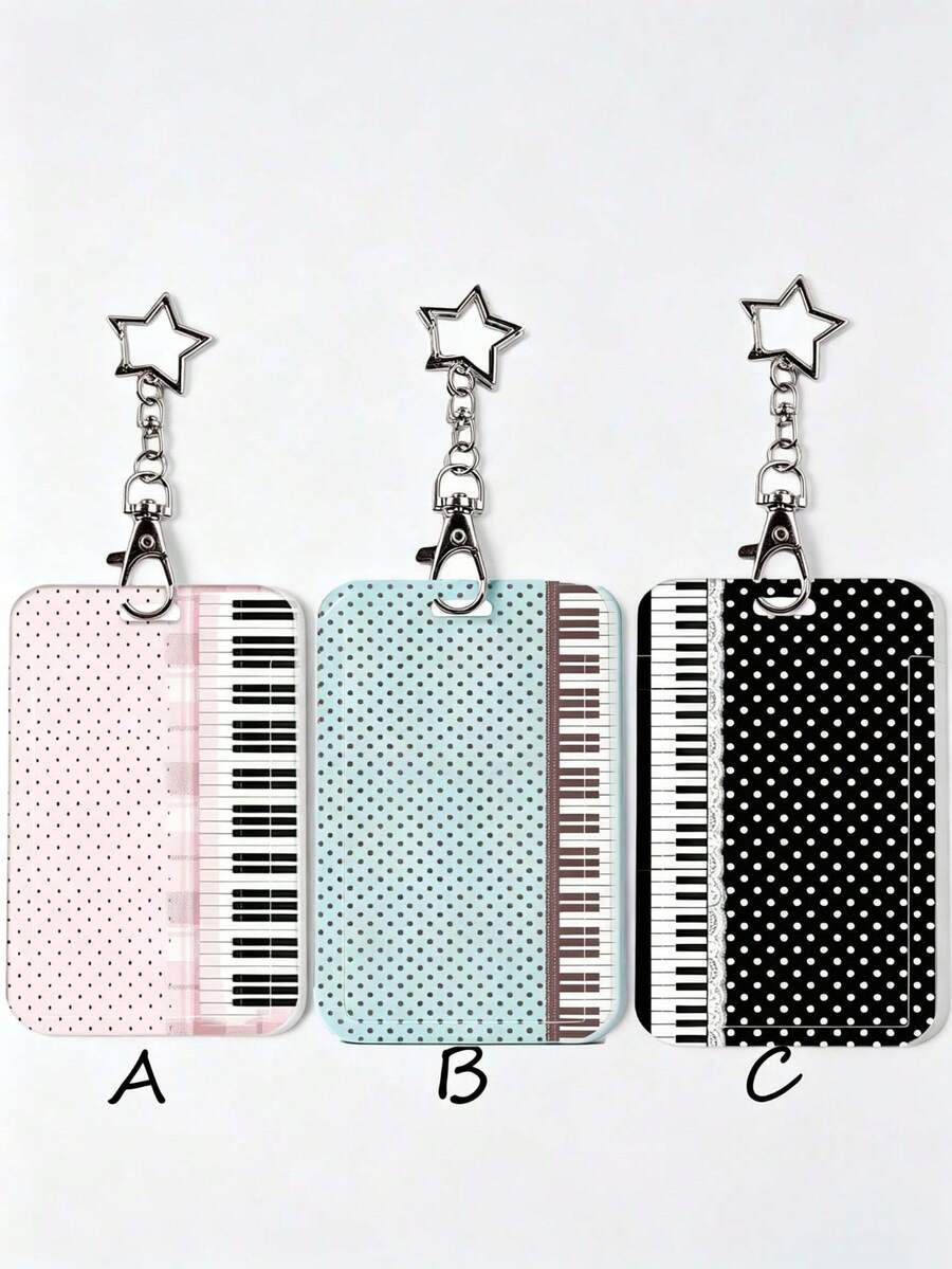 1pc Vintage Polka Dot Piano Key Card Holder With Star Hook, Student Campus Card/Access Card/Bus Card Protective Sleeve, INS Style, Suitable For Office Workers And Students For Daily Use - Rectangle - View 1