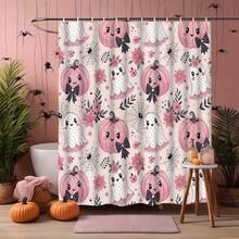1/4pcs Halloween Pink Cute Ghost Pumpkin Shower Curtain Set, With 12 Hooks Waterproof Polyester Shower Curtain, Bathroom Curtain, Privacy, Thickened, Durable Quick Dry, 180*180cm Size, Halloween Thanksgiving Autumn Harvest Bathroom Decor - A - View 8
