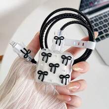 小黑色蝴蝶結與白色珍珠設計手機充電器套裝 20W/18W，充電線保護套，充電頭保護殼，相容 iPhone 13/16/15/14，絕佳禮物選擇 - 黑色 - 查看 5