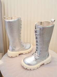 Girls' Shiny Silver Lace-Up High-Top Boots, Fashionable Thick Sole Long Boots, Suitable For Daily And Party Wear - Silver - View 4