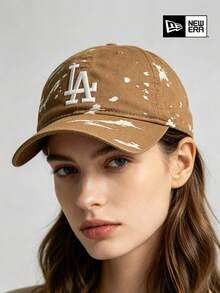 New Era Brown LA Baseball Cap, Distressed Splatter Detail And Embroidered Logo, Casual Street Style OOTD Accessory - Camel - View 2