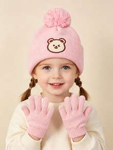 1set Bear Baby Pom-Pom Beanie White Hat Gloves Set, Cozy Knit Winter Warm Heart Cute Hat For Kids, Outdoor Accessory,Winter Baby Hat - Multicolor - View 2