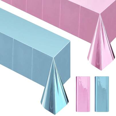 Pink/Blue Metallic Aluminum Foil Tablecloth, Disposable Rectangular Party Table Cover, Shiny Waterproof Tablecloth, Suitable For Baby Shower, Gender Reveal Party, Birthday Party, Wedding Dessert Table, Photo Backdrop, Holiday Gathering Decoration