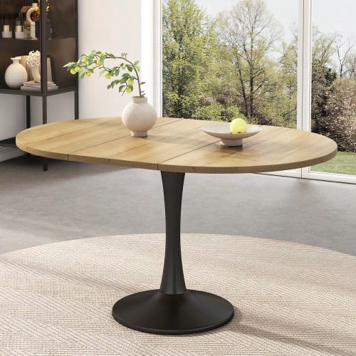 Extendable Dining Table, Oval Dining Table, Coffee And Leisure Table, Length 100/140 X Width 100 X Height 75 Cm, Modern And Simple Dining Table, Oak Color - 自然 - 查看 1