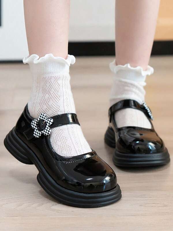 Girls Cute Mary Jane Shoes, Black Shiny Textured Layered Wavy Thick Sole, Checkerboard Floral Lace-Up, Princess Dress Shoes