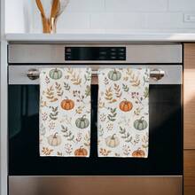2pcs Autumn Theme Mori Style Autumn Leaf Pumpkin Floral Pattern Kitchen Towels, Rectangular Microfiber, Dish Cloth, Scouring Pad, Hand Towel, Cooking Baking Tea Towel, Kitchen Decor, Housewarming Gift, Birthday Gift, Bathroom Cleaning Wet Wipes, Decorative Towels - White - View 5