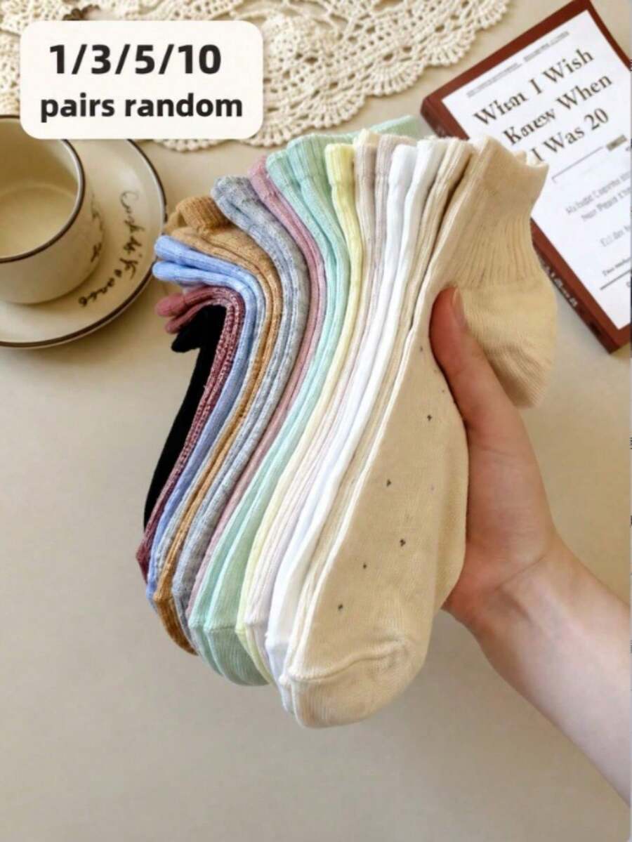 1/3/5/10 Pairs Women's Random Polka Dot Yarn Solid Color Minimalist Short Socks - Multicolor - View 1