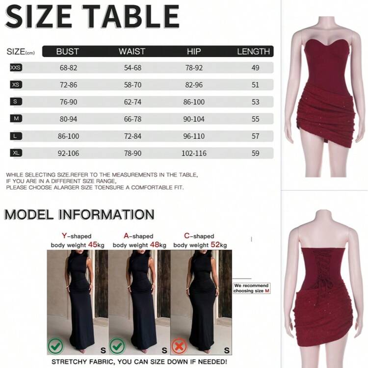 Women's Summer Burgundy Strapless Sparkly Patchwork Dress, Sexy Bodycon Dress, Date Night, Birthday,Party, Halloween.Fall,Winter,Christmas, Elegant - Burgundy - View 3
