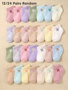 12/24 Pairs Random Color Bow Ankle Socks, Halloween Toddler Girl Style, Newborn Baby Girl Autumn Essential, Princess Style Infant Baptism Gift - Multicolor - View 9
