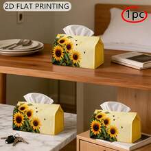 1pc Tissue Box Holder, Country Impressionist Plant Style - Sunflower Bee Yellow Texture, Durable Polyester Material, Multi-Functional Napkin Dispenser, Suitable For Home, Vehicle And Event Decoration, Tissue Box Holder, Napkin Box, Tissue Box Cover - A - View 6