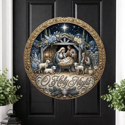 Jesus Birth Christmas Metal Round Sign: O Holy Night Accessory Decor, Holiday Accessory Decor, Christmas Decor, Christmas Holiday Decor, Christmas Vintage Decor, Printed Aesthetic Room Decor, Christmas Round Sign, Suitable For Home, Garden, Farm, Bar Or Cafe Wall Decor
