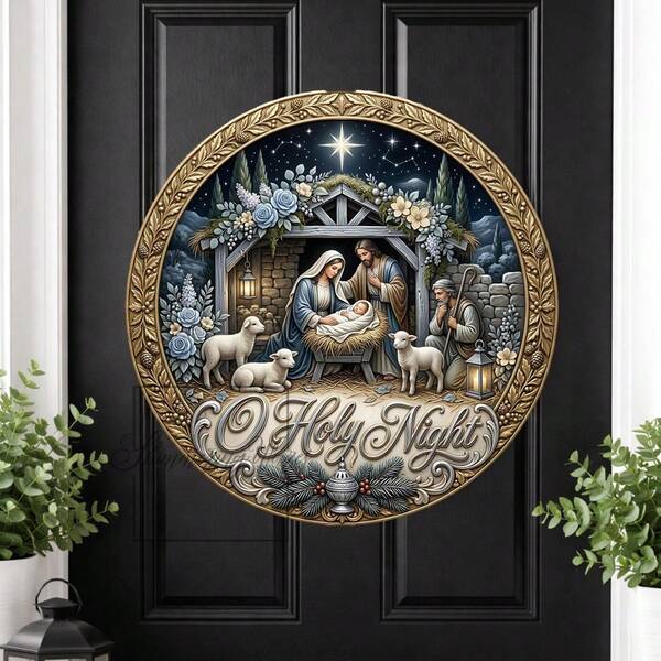 Jesus Birth Christmas Metal Round Sign: O Holy Night Accessory Decor, Holiday Accessory Decor, Christmas Decor, Christmas Holiday Decor, Christmas Vintage Decor, Printed Aesthetic Room Decor, Christmas Round Sign, Suitable For Home, Garden, Farm, Bar Or Cafe Wall Decor