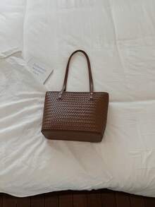Woven Texture Versatile Shoulder Bag Women's 2026 Artistic Tote Bag Fashion Commute Handbag With Pendant - Coffee - View 9