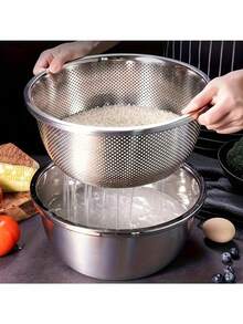 2pcs/24CM Diameter Extra Thick Large Capacity Stainless Steel Micro-Perforated Colander Set - Multi-Purpose Strainer And Mixing Bowl, For Washing Vegetables, Fruits, Rice And Draining Pasta, Dishwasher And Rust-Proof - One Size - View 2