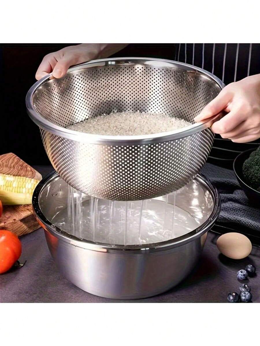 2pcs/24CM Diameter Extra Thick Large Capacity Stainless Steel Micro-Perforated Colander Set - Multi-Purpose Strainer And Mixing Bowl, For Washing Vegetables, Fruits, Rice And Draining Pasta, Dishwasher And Rust-Proof