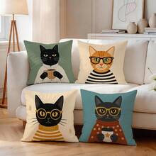 4pcs/1pc Artistic Cat Illustration Pattern Pillow Case, Single-Sided Print Pillow Case, Suitable For Living Room Bedroom Home Decor, All Season Pillow Case - Multicolor - View 7