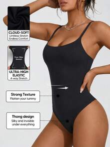 Women's Solid Color Spaghetti Strap High Elasticity Tummy Control Shaping Tank Top Black Summer Style - Black - View 3