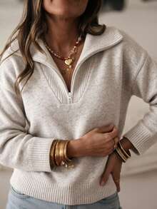 SEREN Sweater Kerah Setengah Resleting Musim Gugur/Dingin Terbaru, Atasan Abu-abu Muda dengan Potongan Longgar, Cocok untuk Perjalanan Sehari-hari, Jalan-jalan, dan Acara Lainnya - Light Grey - View 6