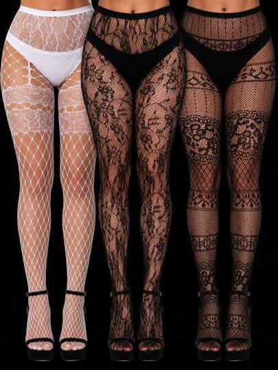 3 Pairs Women's Fishnet Tights Set, Lace Patterned And Open Net Pantyhose For Party And Daily Wear