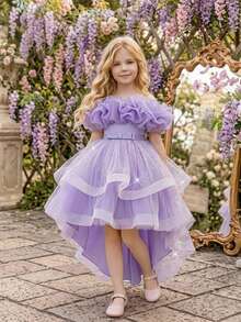 Young Girls Sequin Pleated Tulle Elegant Hostess Evening Gown With Train, Suitable For Party, Headband Not Included - Purple - View 5