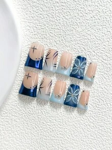 10片裝藍色系低調奢華風手工穿戴甲，Polygel美甲套組，花卉藍色指甲油，酷感優雅花卉風，附美甲工具，3種尺寸可選，杏仁甲、鴨嘴甲、棺材甲，適合派對、跳舞、日常配戴 - 彩色 - 查看 15