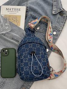 All-Over Print Repeated Letter Design Waist Bag Chest Bag Adjustable Contrast Color Wide Strap Front Back Multi-Way Carry Drawstring Design Zipper Closure Outdoor Sports Jogging Cycling Commuting School Work Travel Outdoor Outing Personal Storage - Blue - View 3