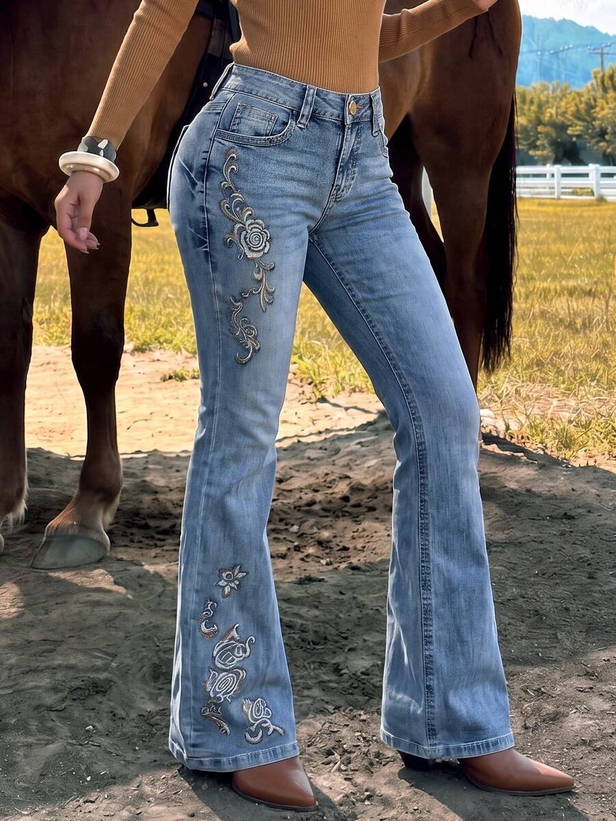 Women's Casual Embroidered Flare Jeans, Medium Stretch, Long Length, With Zipper And Pockets, Fashionable Elegant Casual Pants Suitable For Dating, Commuting, Shopping - Light Wash - View 1