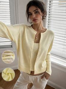 Casual Simple Knit Sweaters Tops Lightthin Basic Round Neck Semi-Sheer Button Front Long Sleeve Cardigan For Woman Fall Daily Versatile Commute Outfit - Yellow - View 1