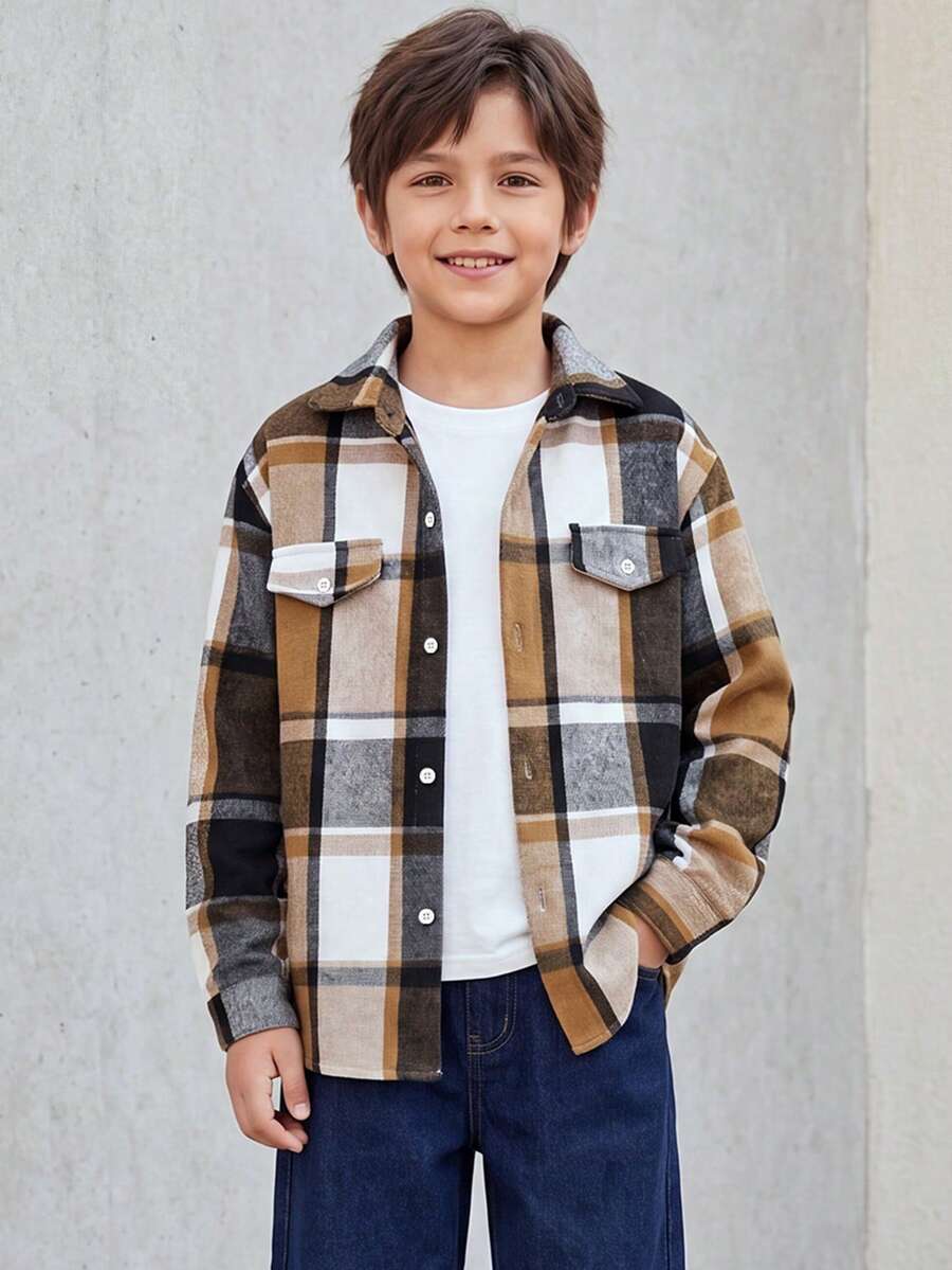 Tween Boy Spring/Summer Non-Down Casual Commuter Fashion Versatile Plaid Casual Shirt - Brown - View 1