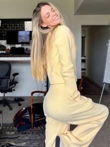 MORI Fall Winter Y2K Yellow 2 Pieces Knit Set Women Button Down Cardigan Sweater Wide Leg Pants Lounge Matching Outfits Vacation Chic Going Out - Light Yellow - View 7