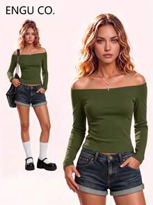 ENGU CO. Back To School Y2K Basic Off-Shoulder Solid Color Slim Fit Long Sleeve Casual T-Shirt Top - Olive Green - View 1