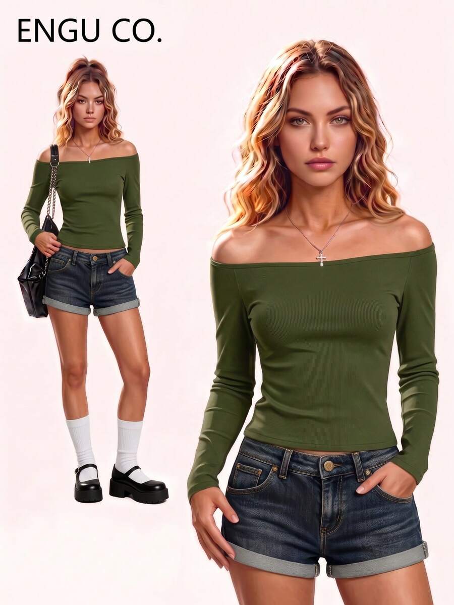 ENGU CO. Back To School Y2K Basic Off-Shoulder Solid Color Slim Fit Long Sleeve Casual T-Shirt Top - Olive Green - View 1