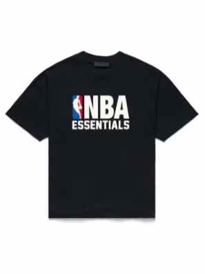 Fear Of God Essentials X NBA T-shirt noir, T-shirt graphique en jersey de coton surdimensionné à épaules tombantes pour sorties quotidiennes, look streetwear, rassemblements décontractés