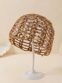 1 Peça Gorro de Tricô Feminino Vintage Francês com Lantejoulas, Chapéu Slouchy Feminino de Crochê Vazado para Férias/Praia/Uso Diário - Multicolorido - Visão 9