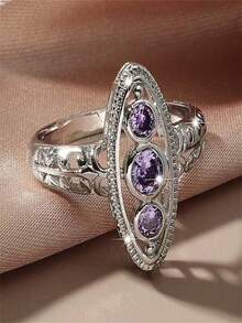 1pc Creative Hollow Design Round Purple Synthetic Cubic Zirconia White K-Plated Women's Ring, Suitable For All Special Celebrations Throughout The Year, Enhancing Your Charm - Purple - View 5