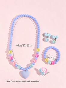 5pcs/Set Girls Princess Heart Bow Beaded Necklace, Bracelet, Ring And Earring Jewelry Set, Suitable For Party, Gathering, Daily Wear - Multicolor - View 3