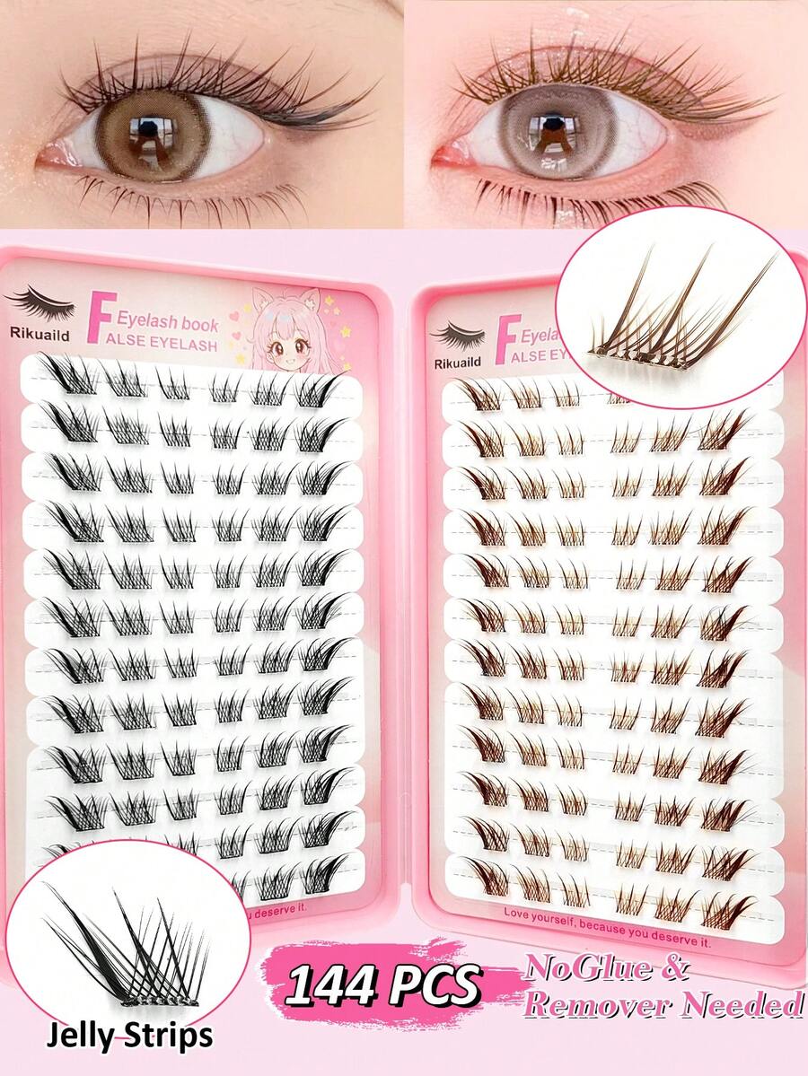 Rikuaild 144pcs Self-Adhesive False Eyelashes, Brown & Black Mixed Color, Pre-Glued Eyelashes, Jelly Strip Pre-Glued Single Cluster Eyelashes, Fox Eye Cartoon Style Segmented Eyelashes, Easy To Use, Suitable For Beginners - C - View 1