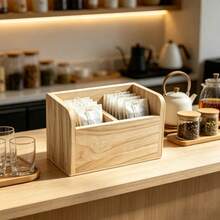IDUK 1PC Wooden 2-Compartment Tea Bag Storage Box Organizer For Home Hotel Desktop Display Cafe Bar Counter Kitchen Tea Caddy Holder With Divider Compartments Perfect For Tea Lover Gift Ideas Decorative - Maple - View 2