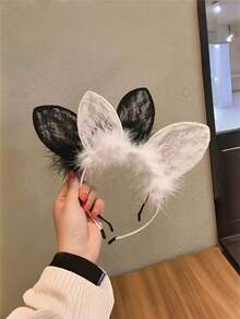 2pcs Dress Up Headbands, Cute Plush Rabbit Ear Design Hair Accessories, Black And White Lace Headbands, Suitable For Women's Daily Wear - Multicolor - View 1