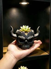 哥德式惡魔角骷髏多肉植物盆栽，骷髏頭植栽盆，室內綠植容器，萬聖節桌面裝飾，適用於辦公桌、客廳、臥室、玄關層架裝飾 - 多色 - 查看 1