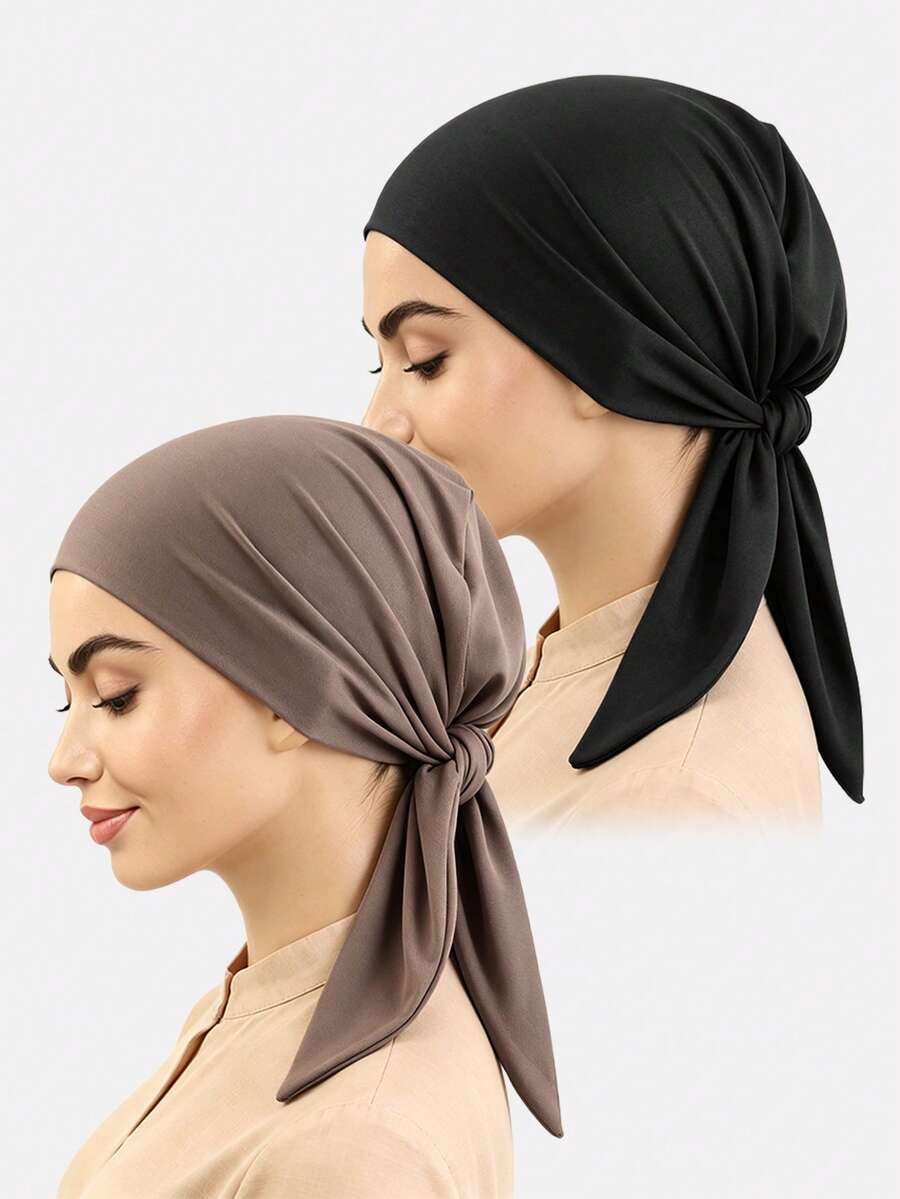 2pcs Women's Elastic Headscarf Hat, Solid Color Tie-Up Headwrap, Hair Protection Cap, Suitable For Daily Use - Multicolor - View 1