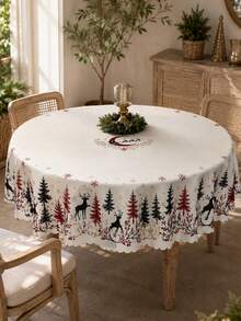 1pc Cream Winter Forest Tablecloth, Minimalist Polyester Rectangular Tablecloth With Reindeer Silhouette, Snowflake, Tree And Moon Pattern, Suitable For Kitchen Decor, Home Decor, Room Decor, Christmas Home Decor And Classroom Decor - Multicolor - View 3