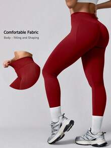 NcmRyu 1 buah Celana Panjang Olahraga Pinggang Tinggi Motif Ribbed Patchwork Warna Polos - Merah - View 2