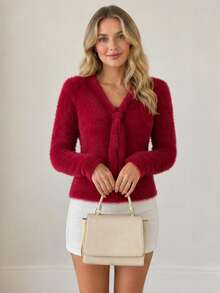 Tie Cutout V Neck Fuzzy Cropped Slim Knit Sweater - Red - View 5