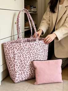 Pink Leopard-Print Tote Bag With Matching Cosmetic Pouch And High-Capacity Shoulder Shopping Bag;Suitable For Shopping, Trips.For Teachers' Day,Partie - Multicolor - View 3
